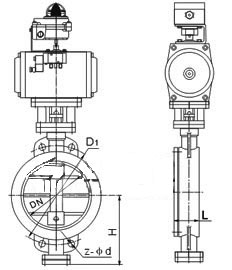 D673H、D673W型對(duì)夾式硬密封氣動(dòng)蝶閥PN6～PN10外形結(jié)構(gòu)尺寸圖