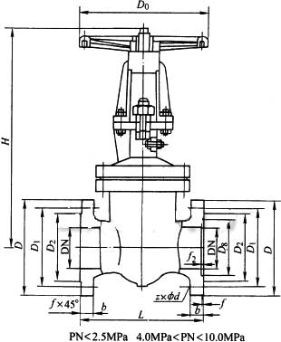 DKZ41H、DKZ41Y型手動真空閘閥 PN10外形結構尺寸圖